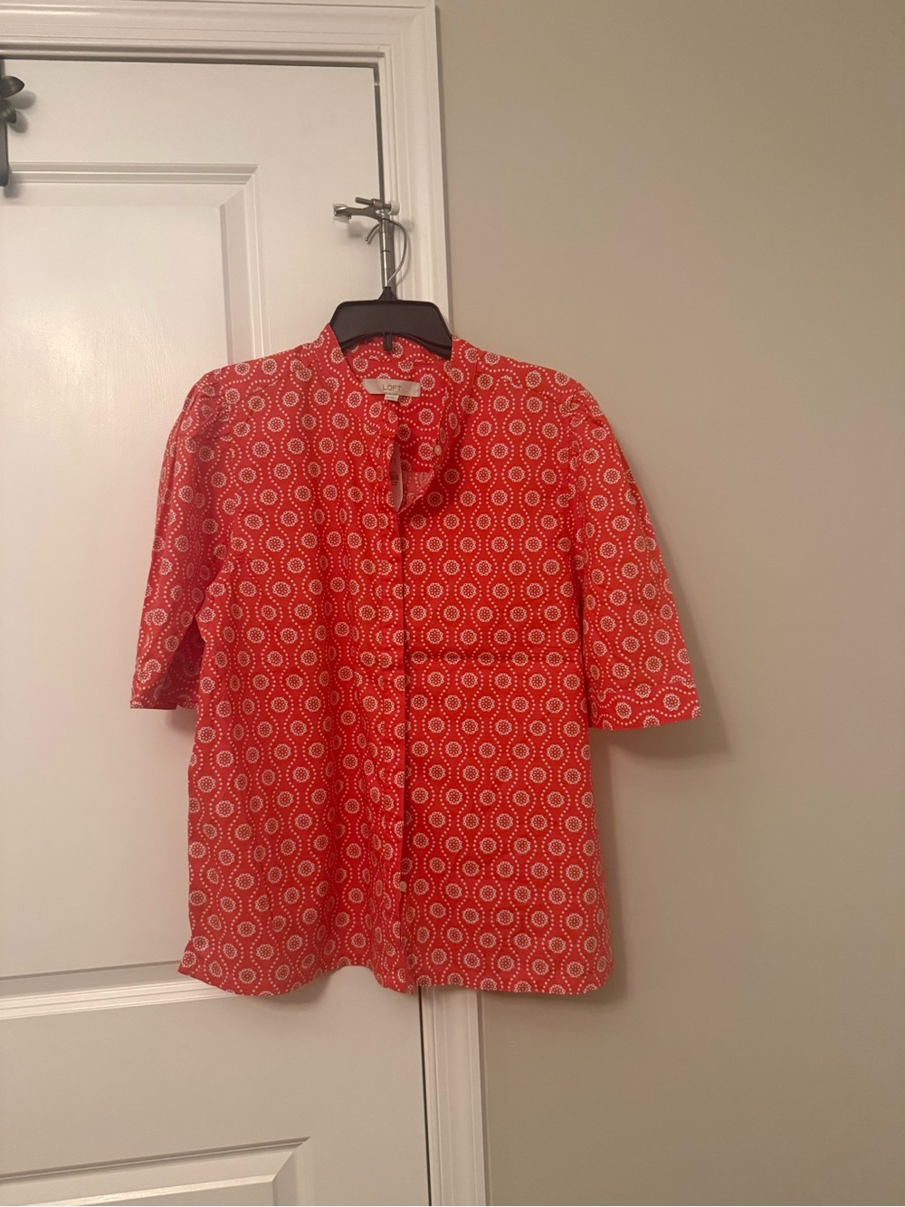 LOFT Red Patterned Button-Down Blouse